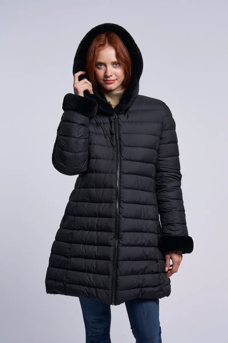 4255HD Hooded down coat reverses to genuine shearling