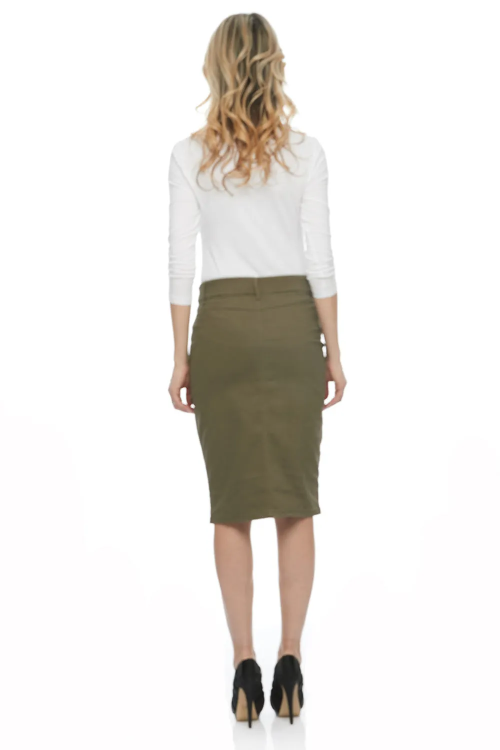 Army Green Pull On Denim Pencil Skirt 'Brooklyn'