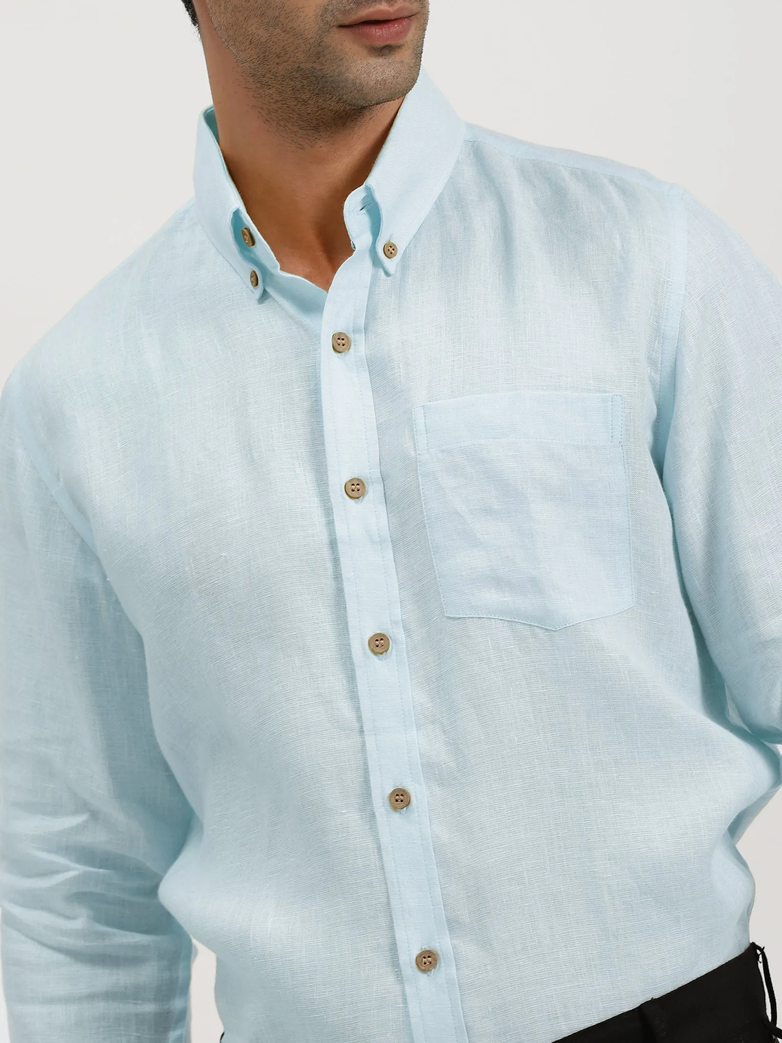 Austin - Pure Linen Button Down Full Sleeve Shirt - Sky Blue