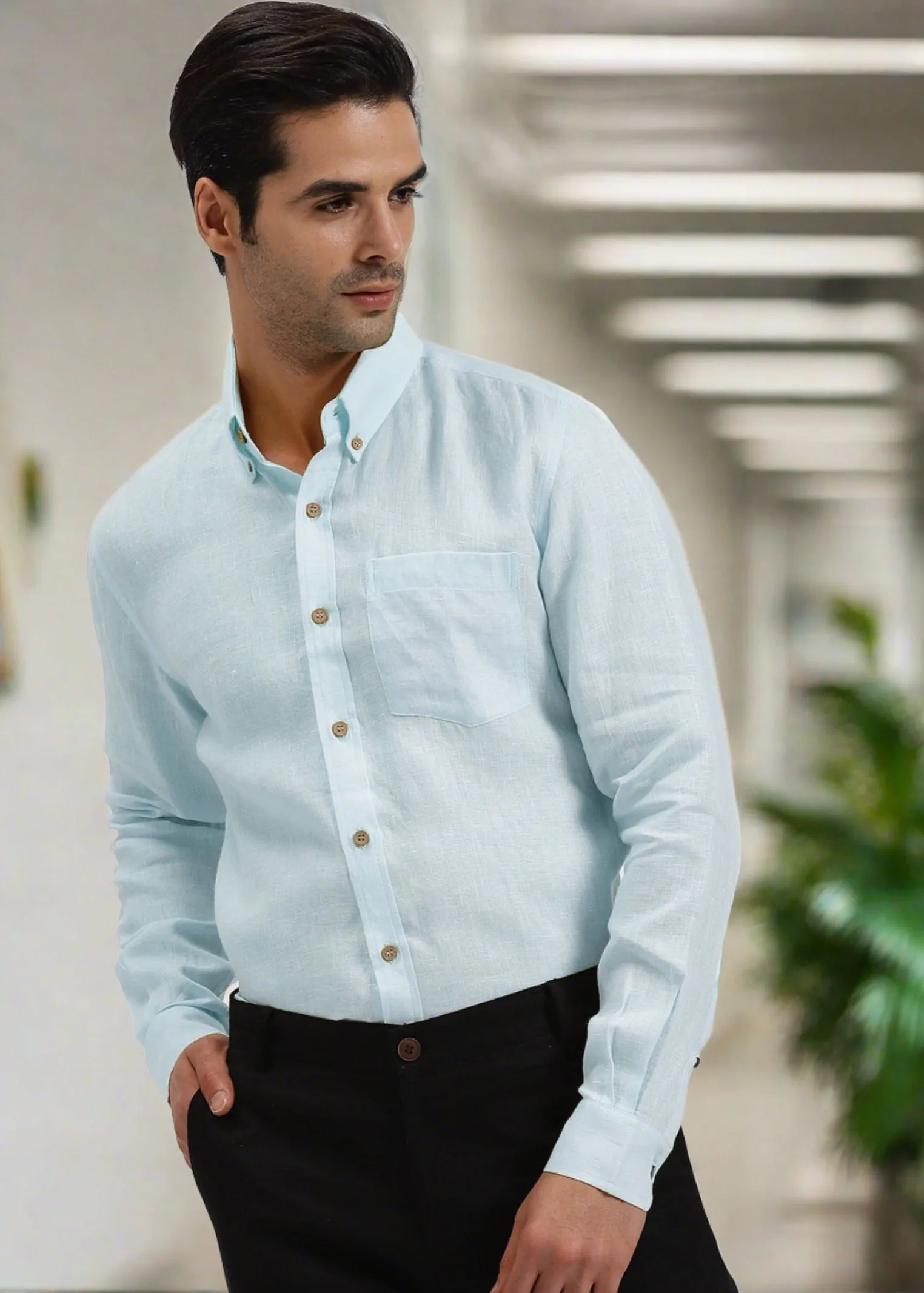 Austin - Pure Linen Button Down Full Sleeve Shirt - Sky Blue