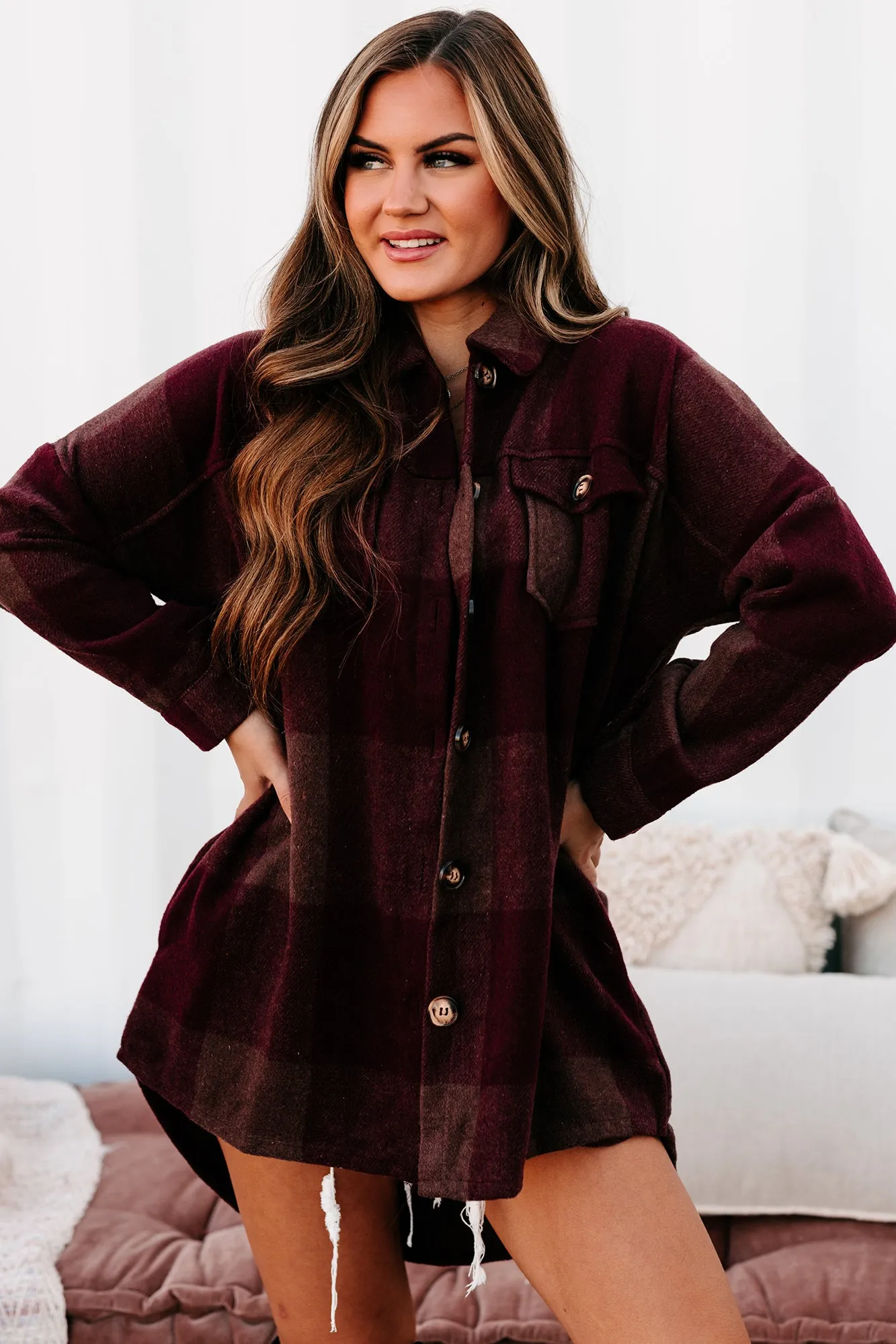 Autumn Destiny Oversized Plaid Shacket (Wine)