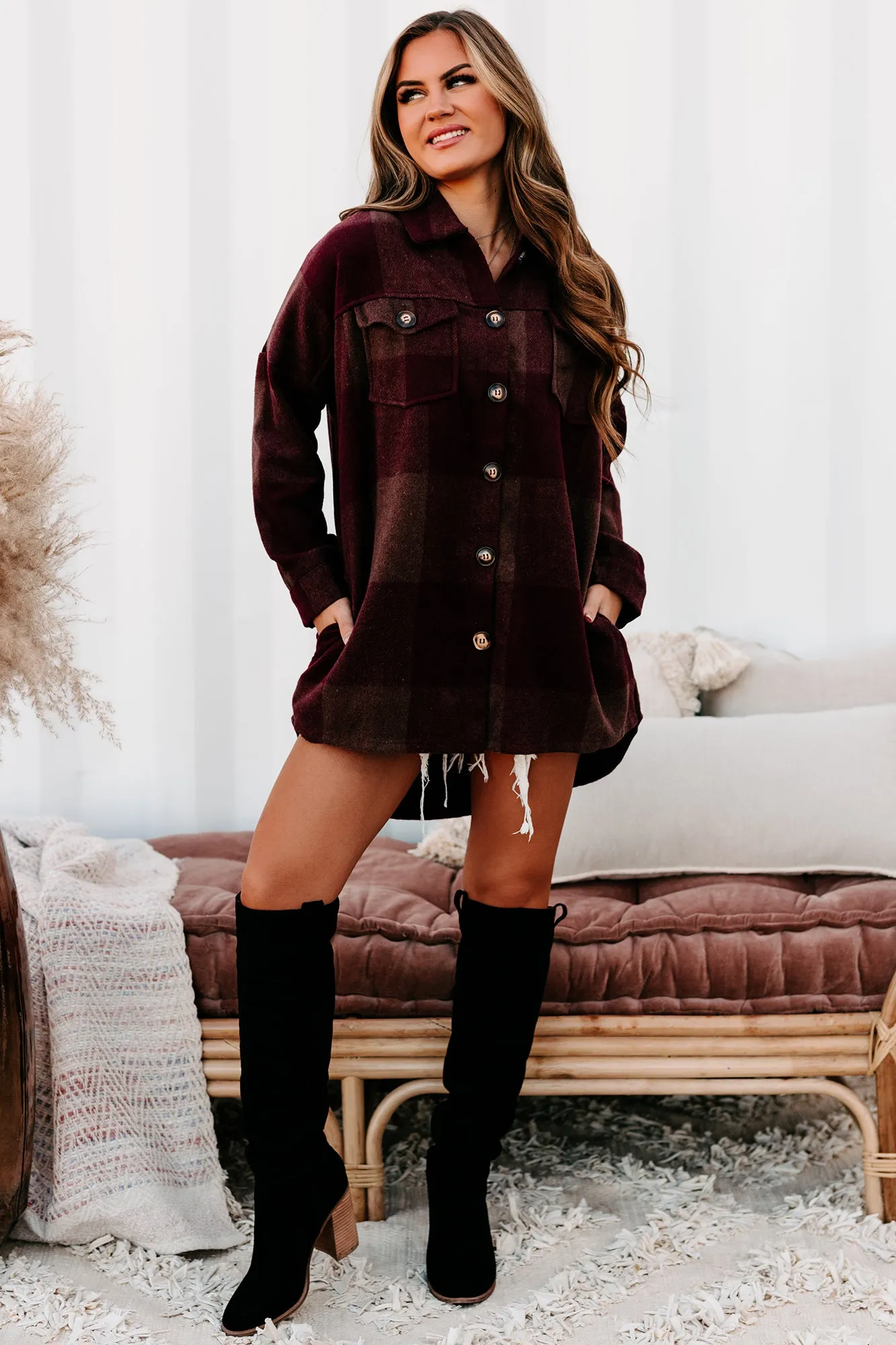 Autumn Destiny Oversized Plaid Shacket (Wine)