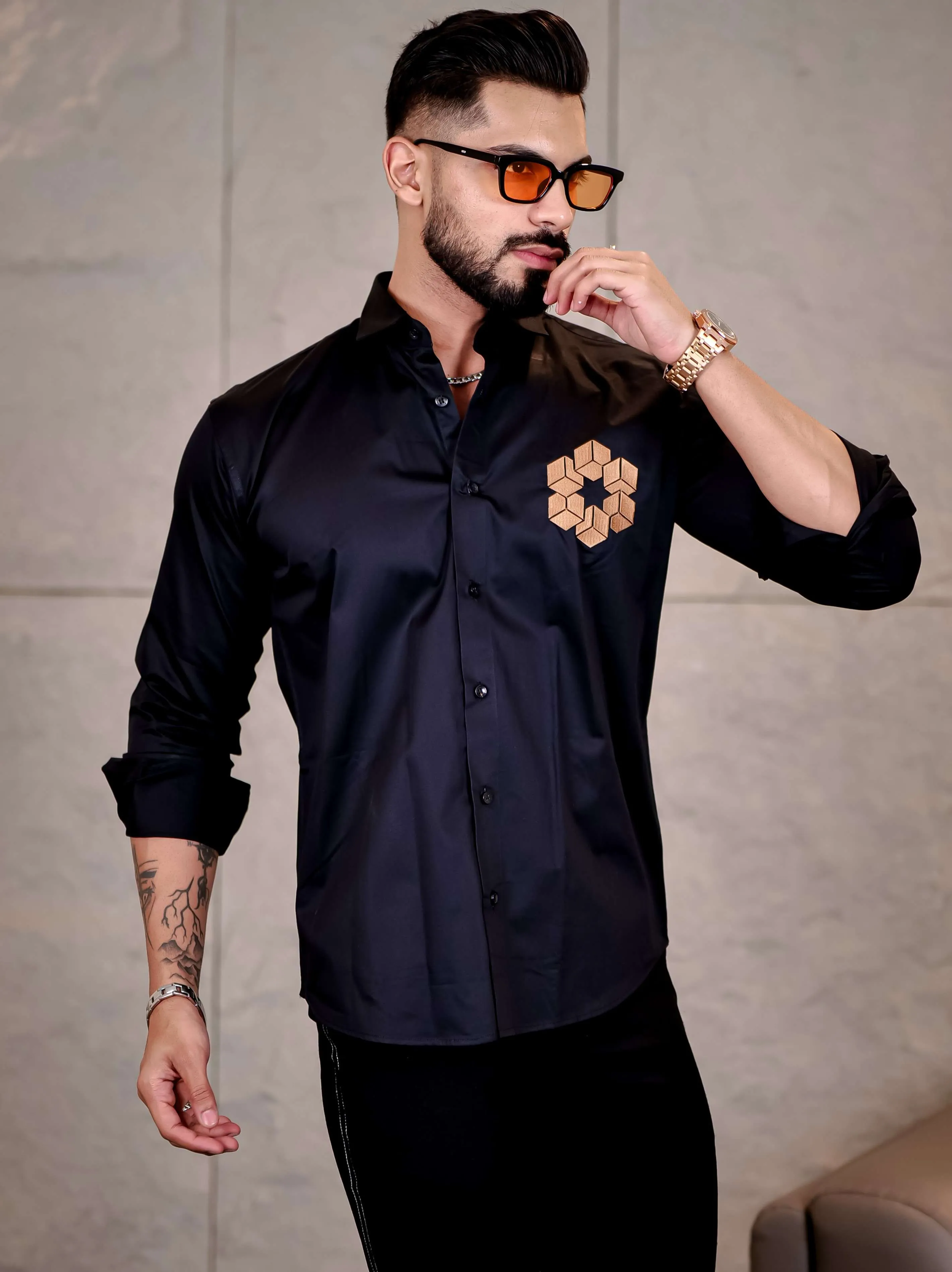 Black Arabian Cube Embroidered Premium Cotton Shirt For Men