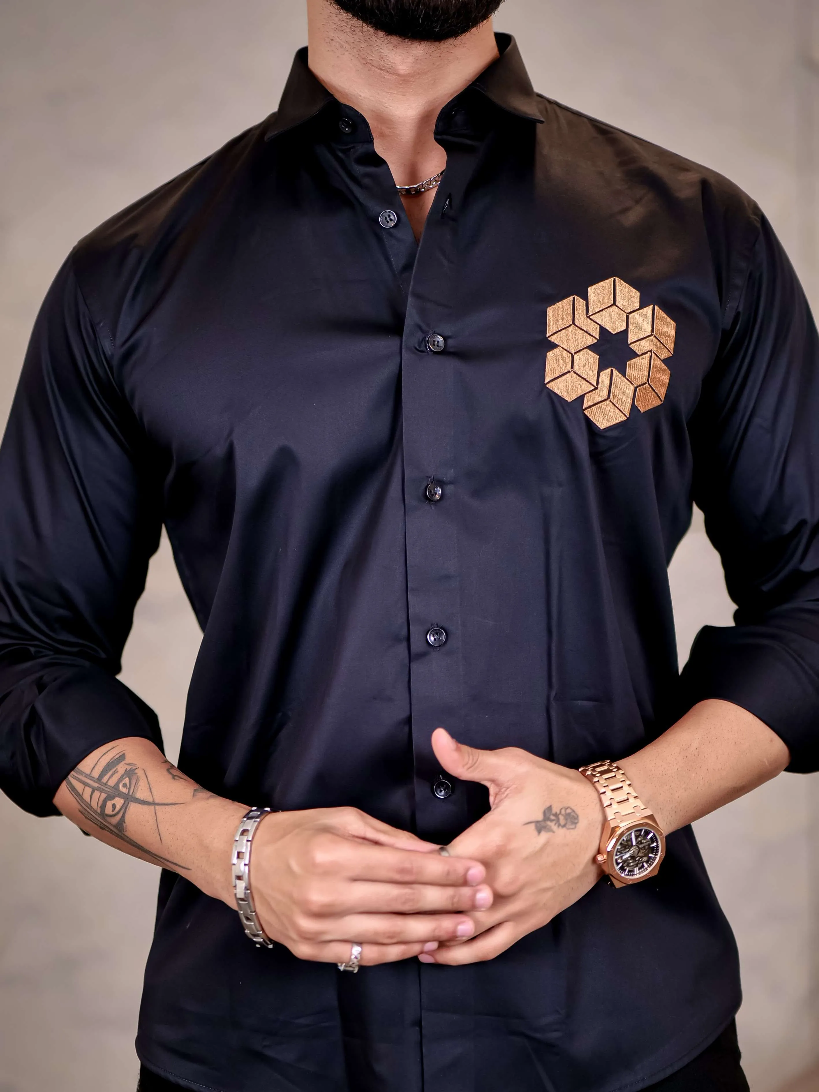 Black Arabian Cube Embroidered Premium Cotton Shirt For Men