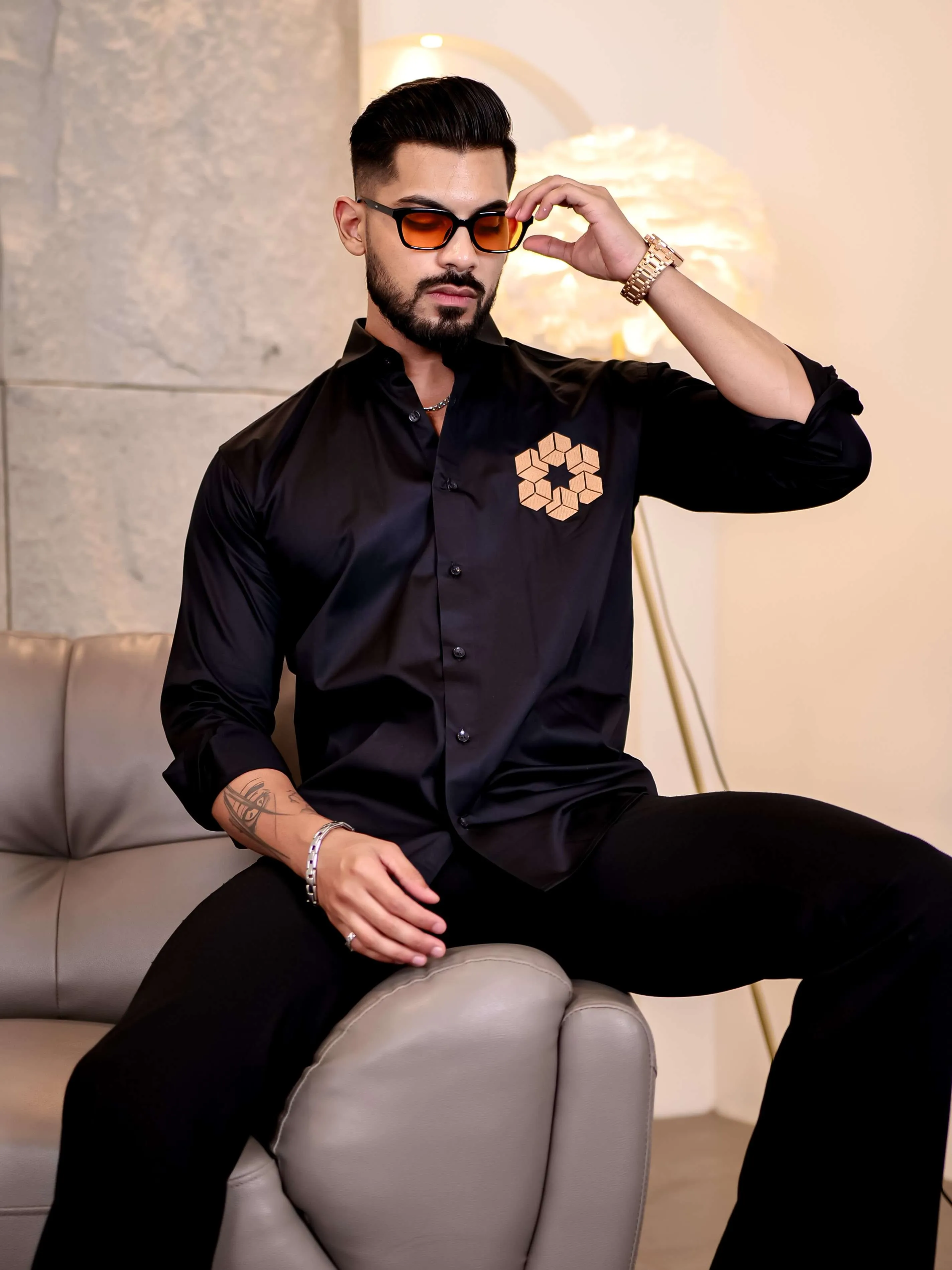 Black Arabian Cube Embroidered Premium Cotton Shirt For Men