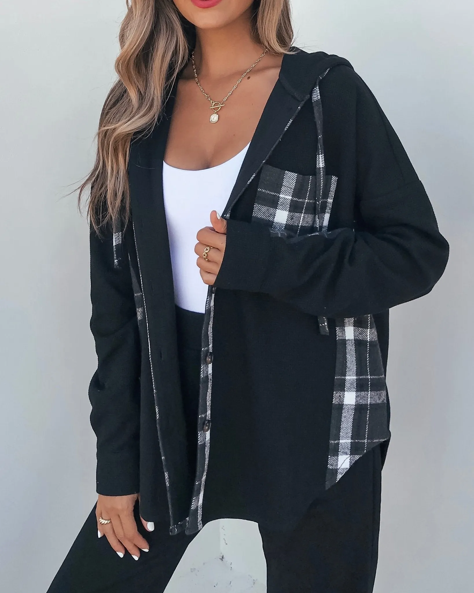 Black Plaid Flannel Hooded Shacket