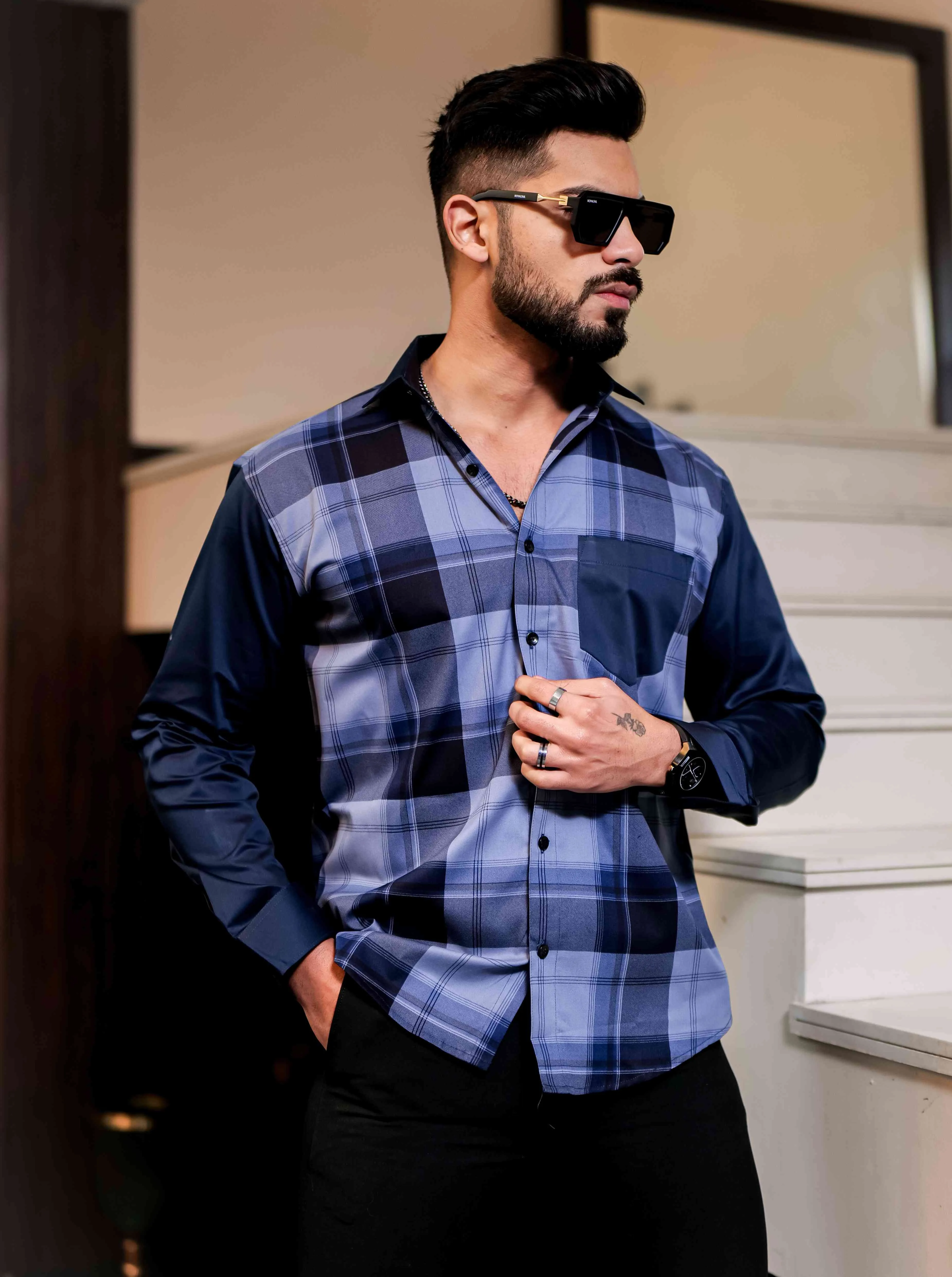 Blue Satin Cotton Cut N Sew Designer Shirt