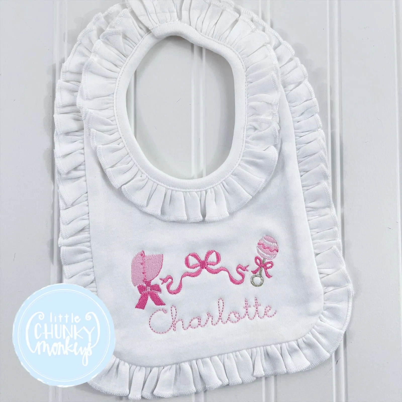 Bonnet, Bow & Rattle Bib or Burp Cloth