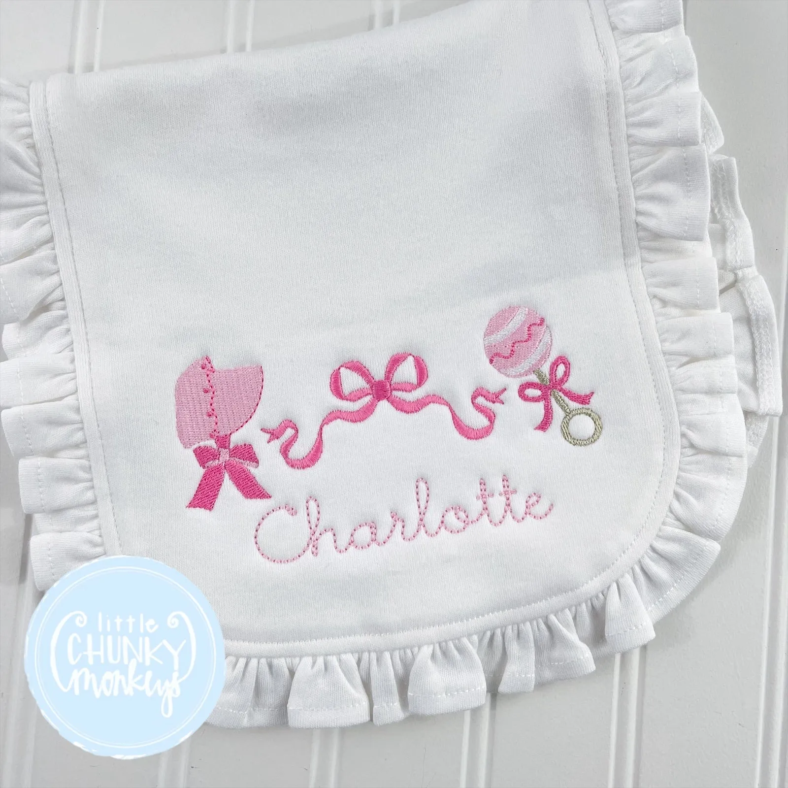 Bonnet, Bow & Rattle Bib or Burp Cloth