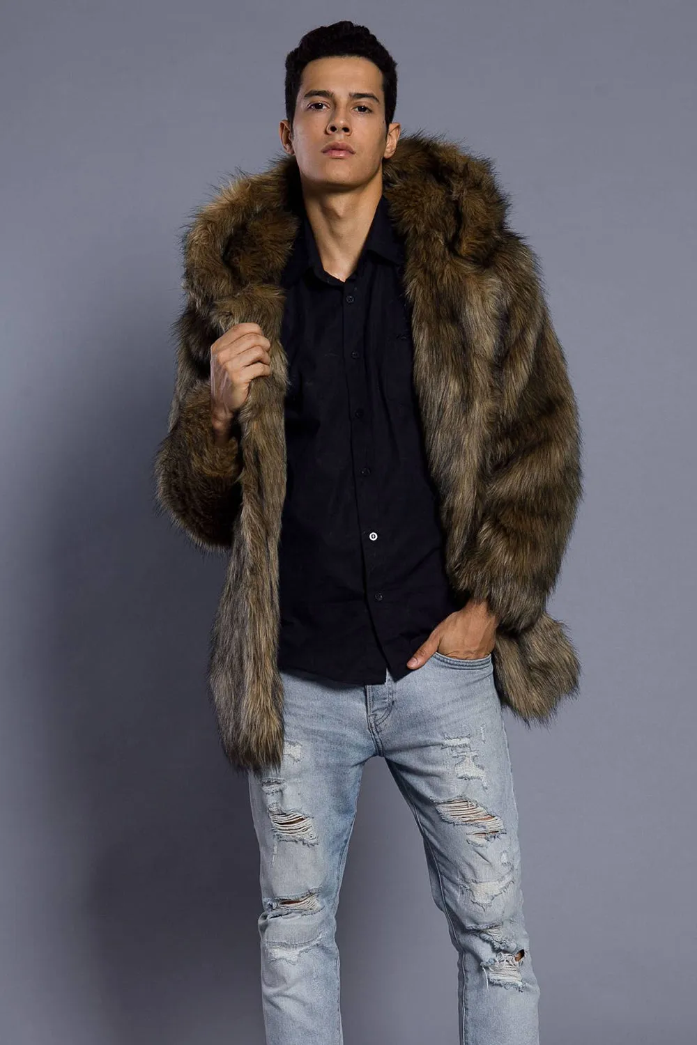 Brown Open Front Lapel Neck Long Faux Fur Men Coat