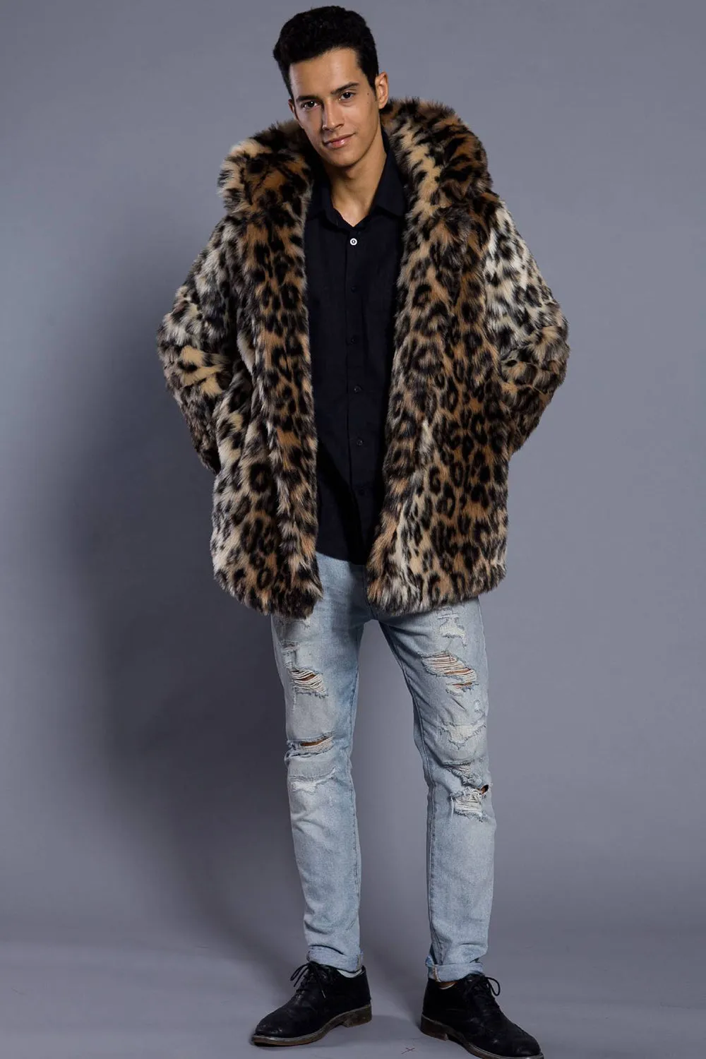 Brown Open Front Lapel Neck Long Faux Fur Men Coat