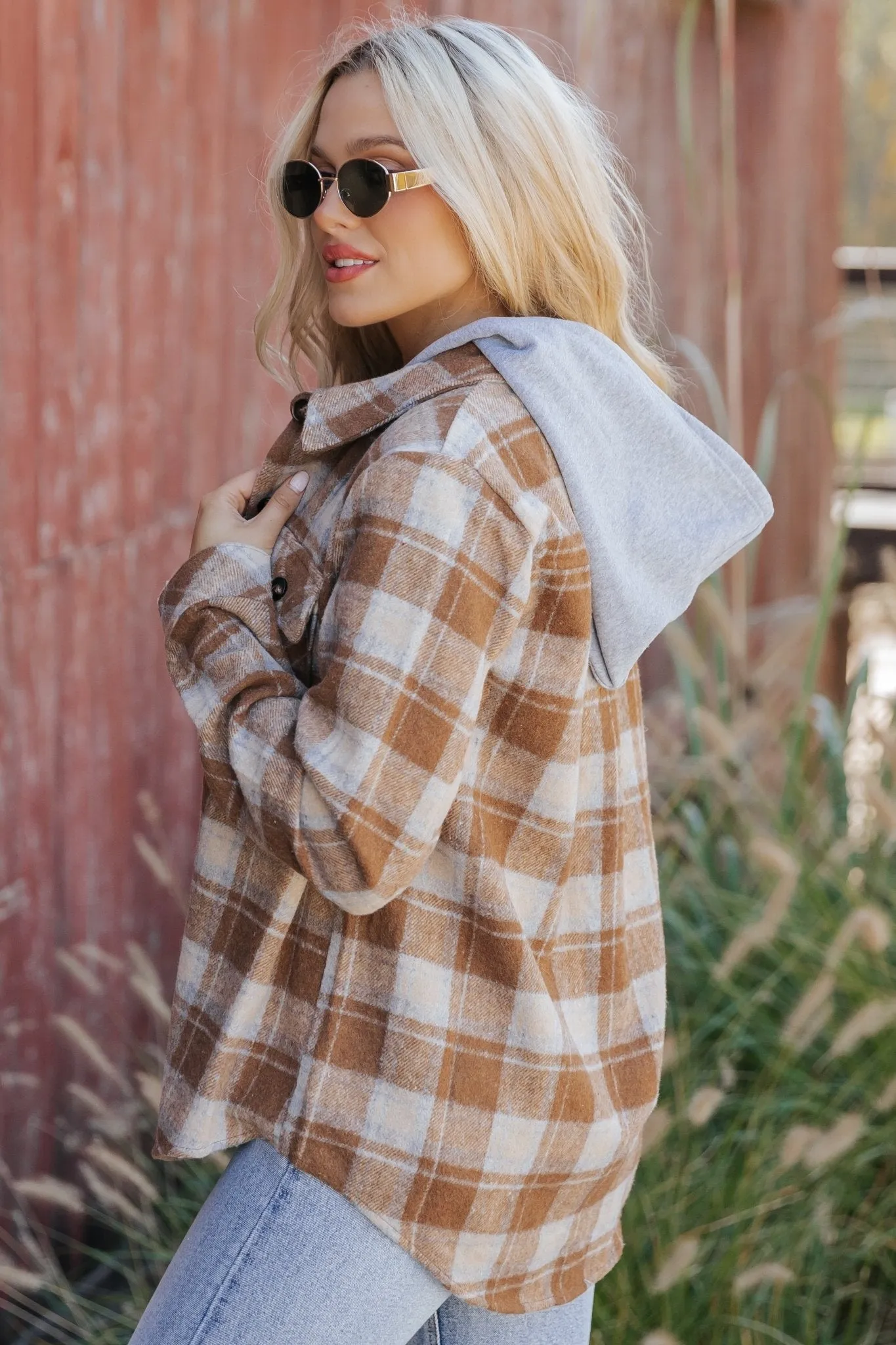 Brown Plaid Hooded Shacket - FINAL SALE