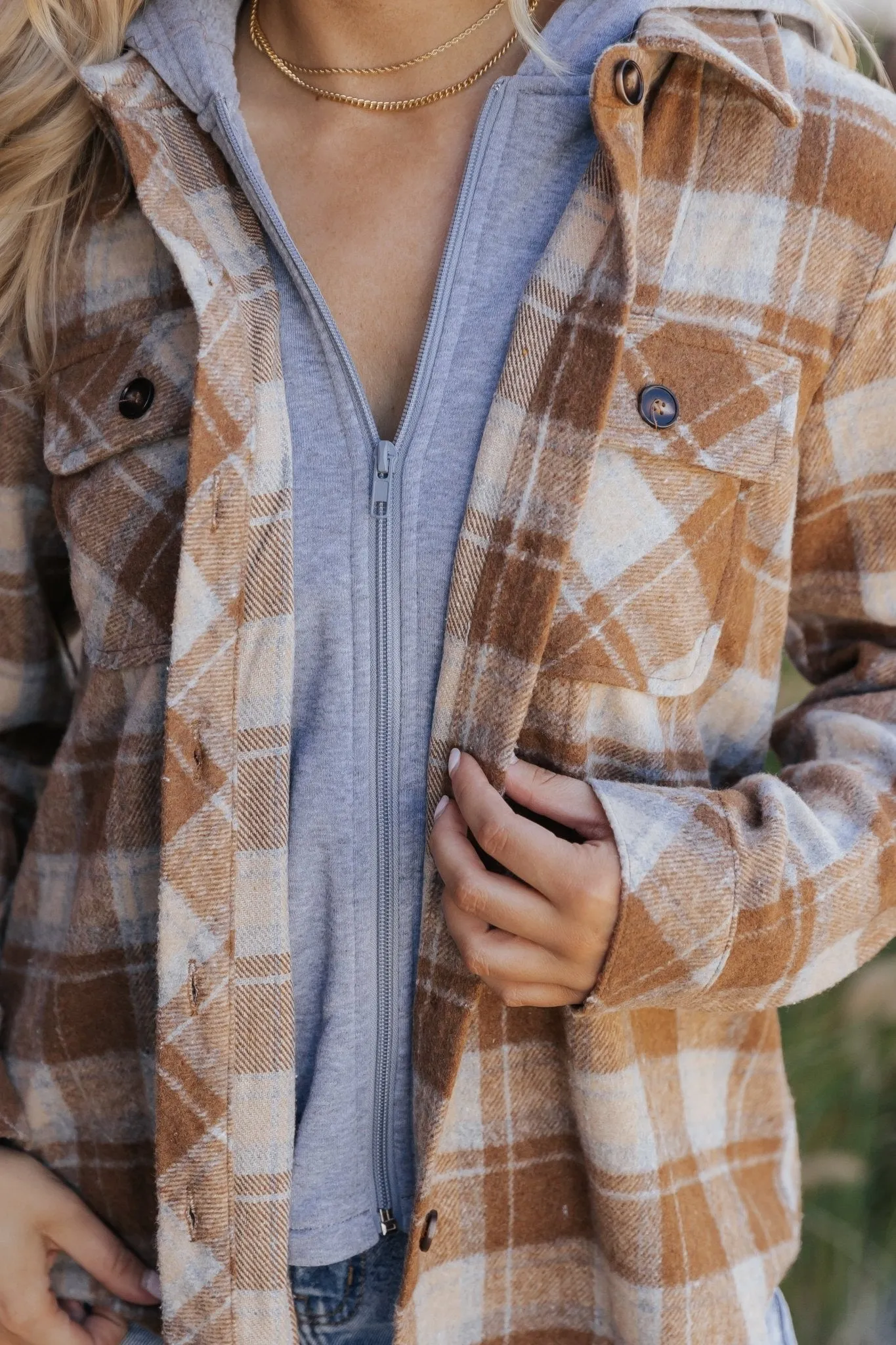 Brown Plaid Hooded Shacket - FINAL SALE