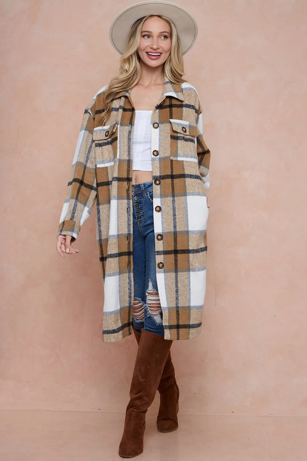 Brushed Flannel Plaid Button Down Long Shirt Coats Shacket Jacket