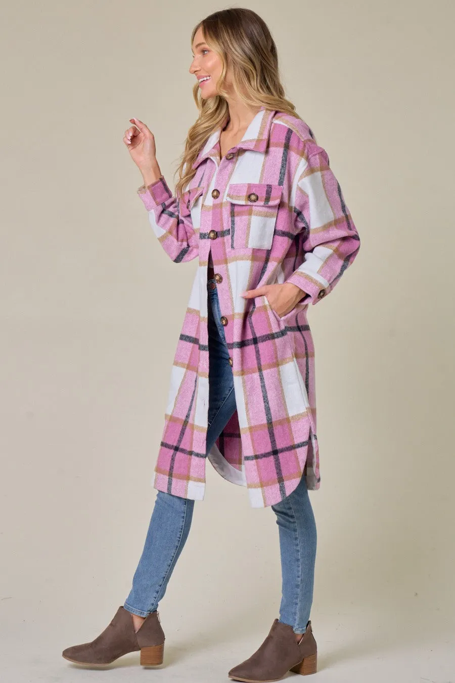 Brushed Flannel Plaid Button Down Long Shirt Coats Shacket Jacket