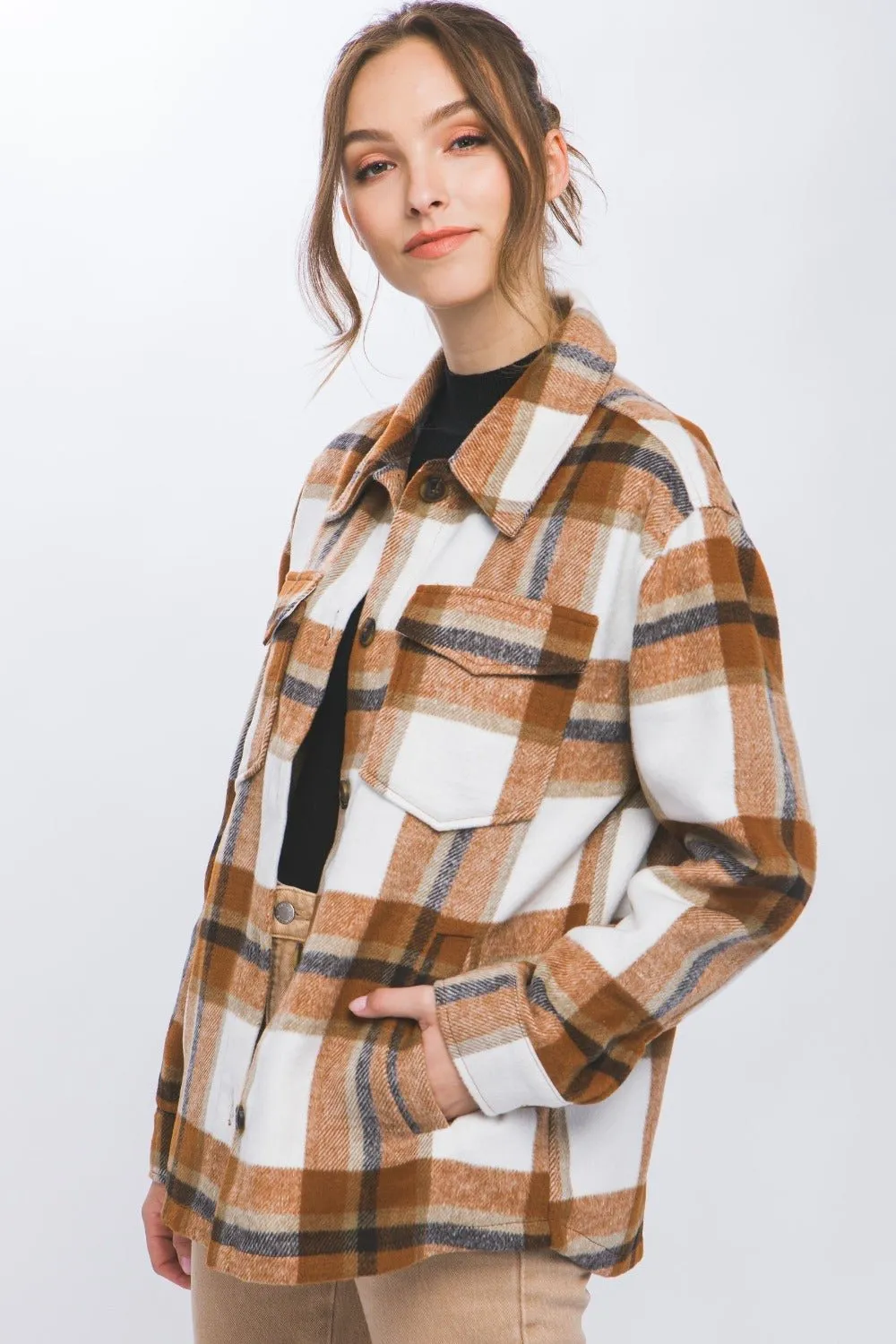 Button Up Plaid Shacket in Clay