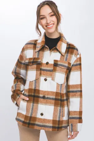 Button Up Plaid Shacket in Clay