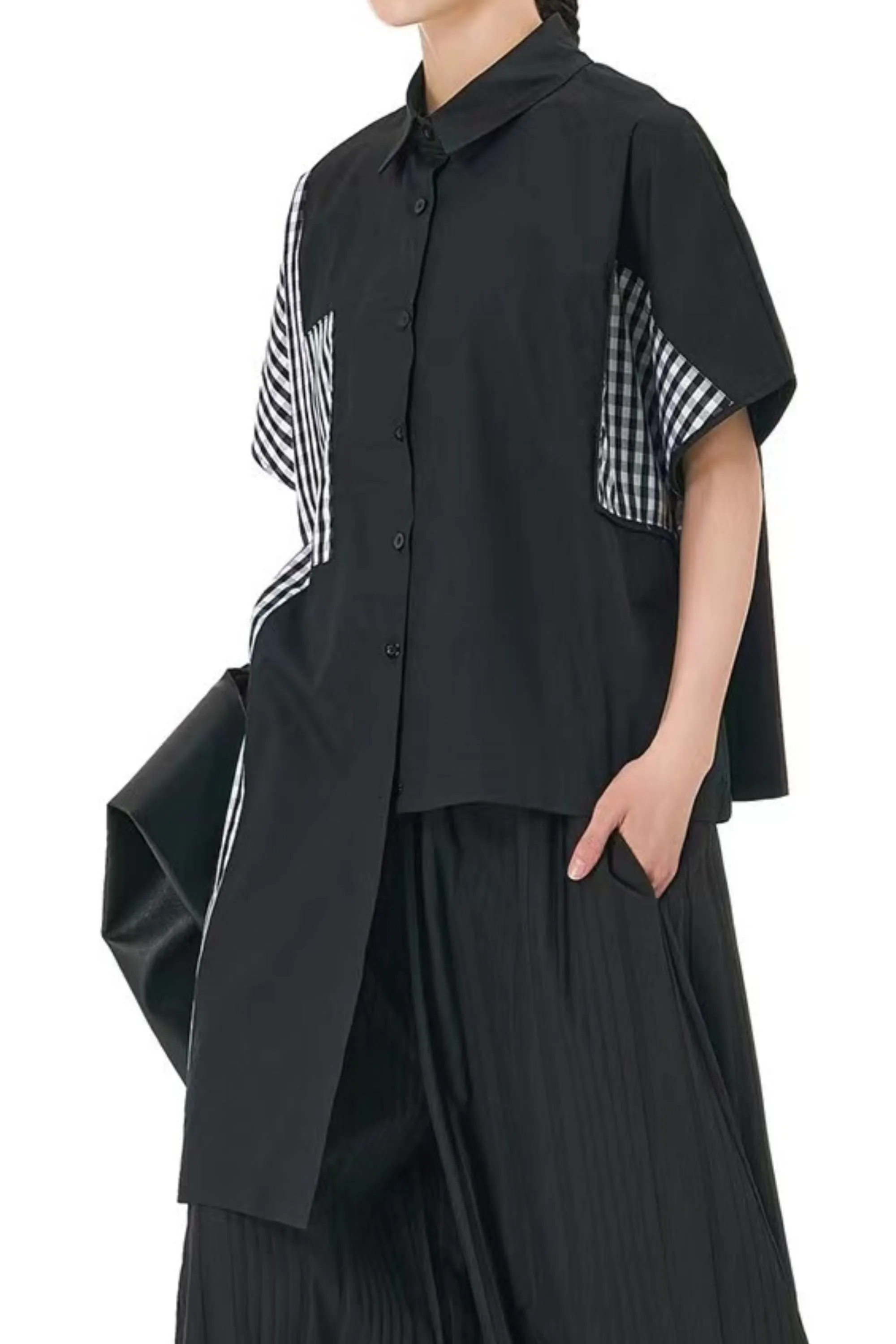 Check Patchwork Oversized Shirt