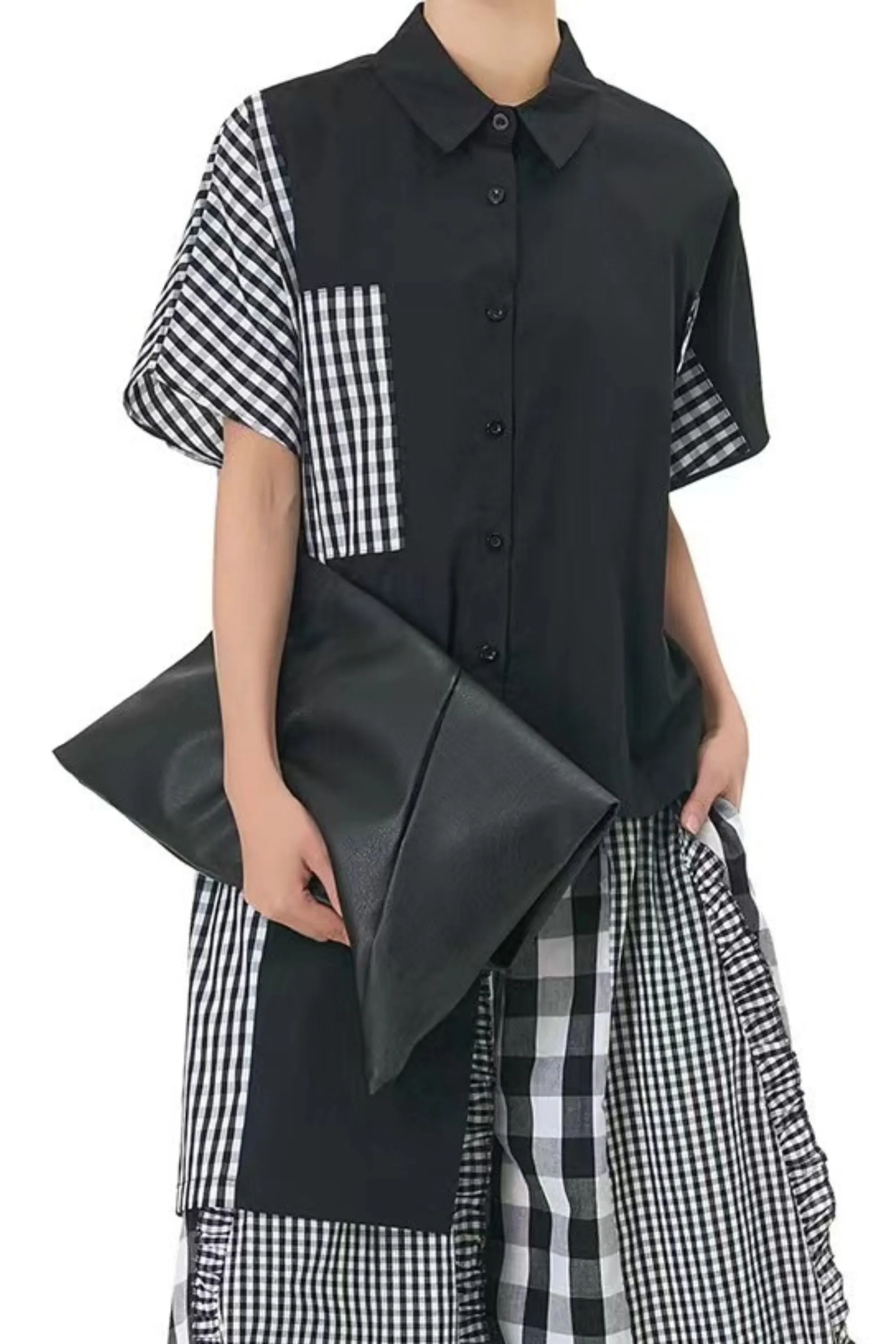 Check Patchwork Oversized Shirt