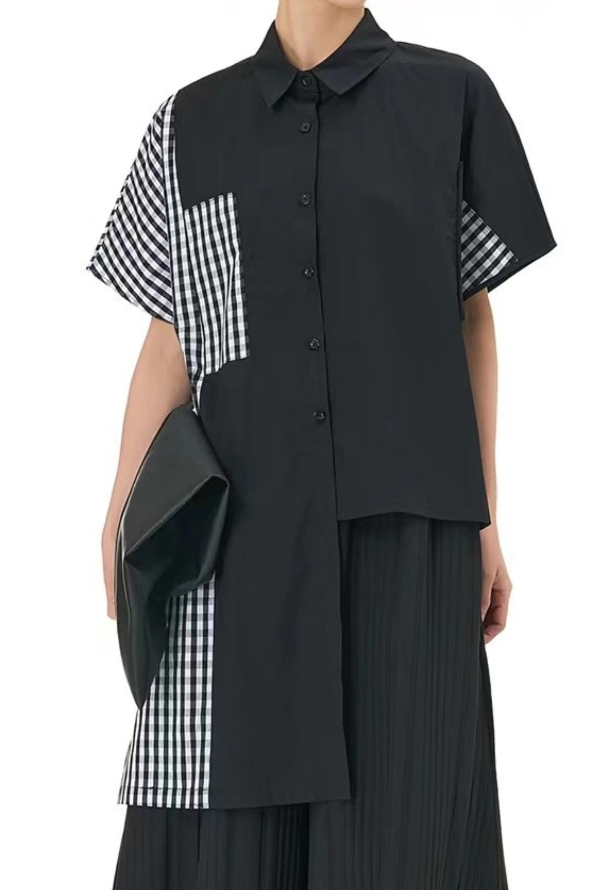 Check Patchwork Oversized Shirt