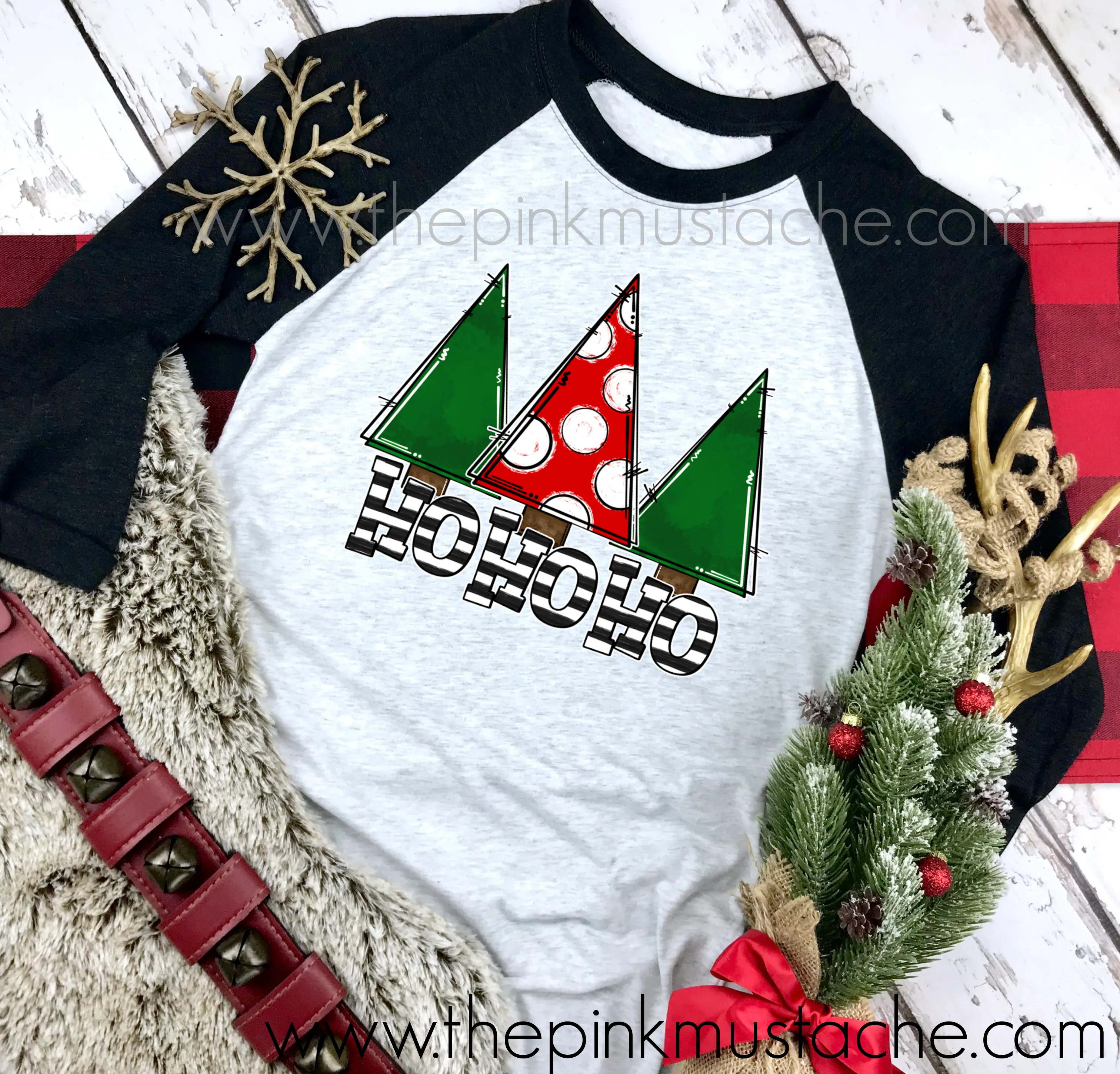 Christmas Tree Ho Ho Ho  Raglan Baseball Tee - Youth and Adult Size - Christmas Shirt