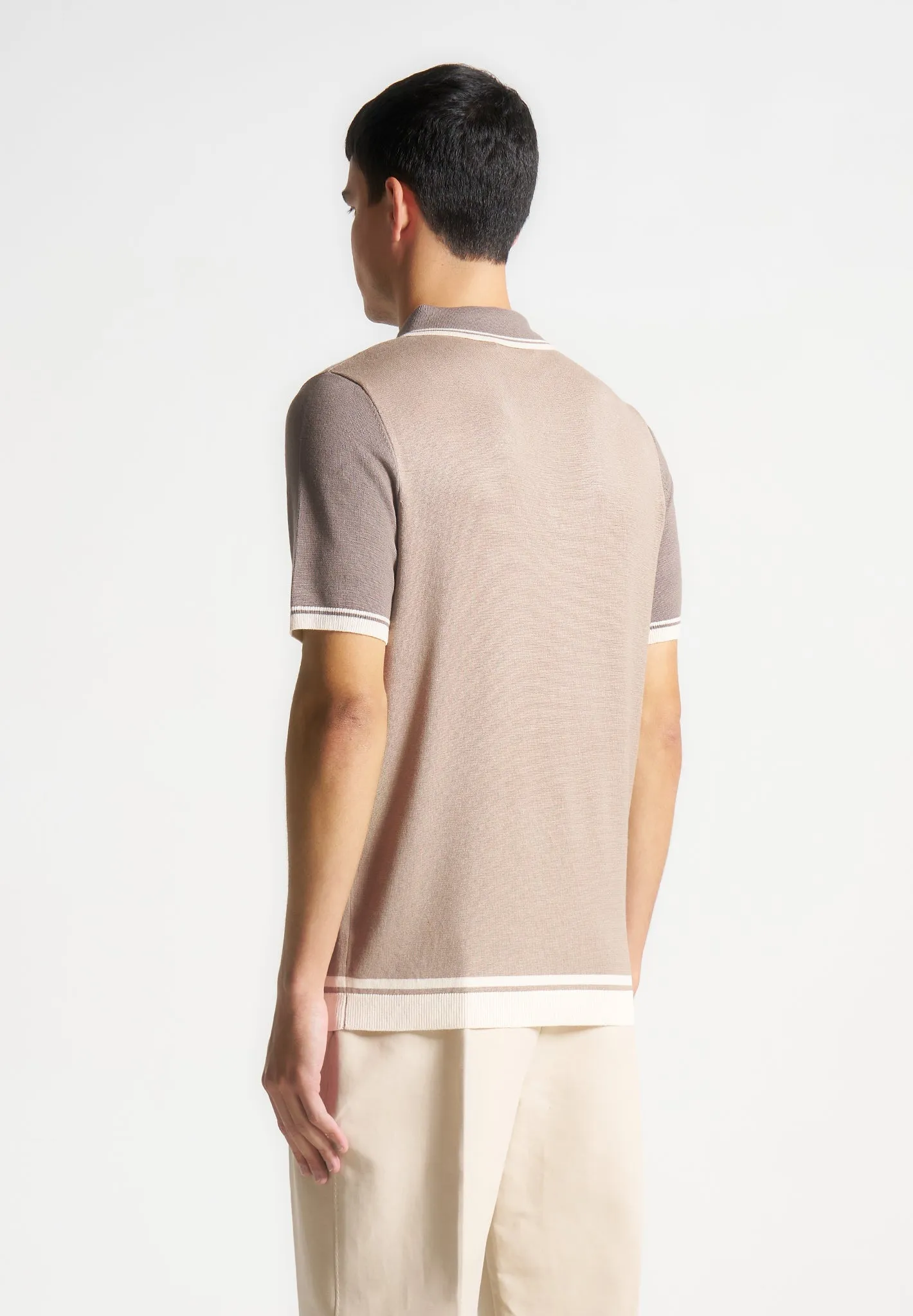 Colour Block Zip Polo Shirt - Taupe