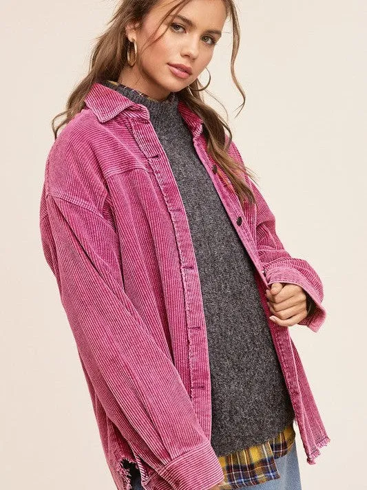 Come Alive Oversized Corduroy Shacket with Frayed Hem