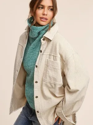 Come Alive Oversized Corduroy Shacket with Frayed Hem