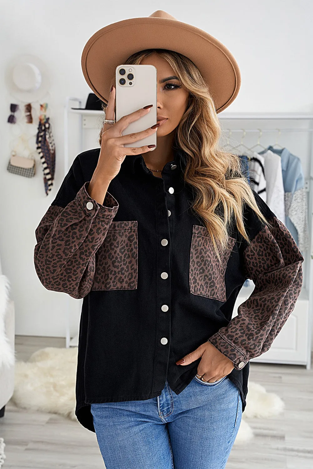 Contrast Leopard Denim Jacket for Women