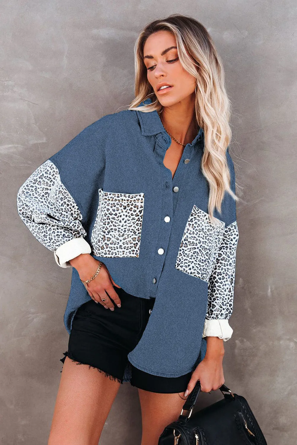 Contrast Leopard Denim Jacket for Women