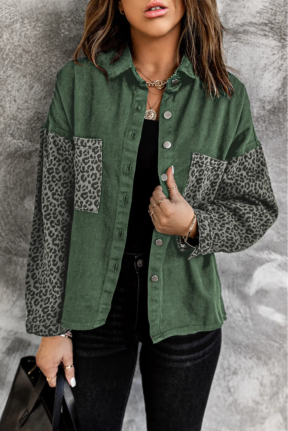 Contrast Leopard Denim Jacket for Women