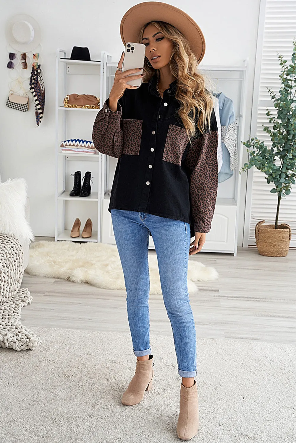 Contrast Leopard Denim Jacket for Women