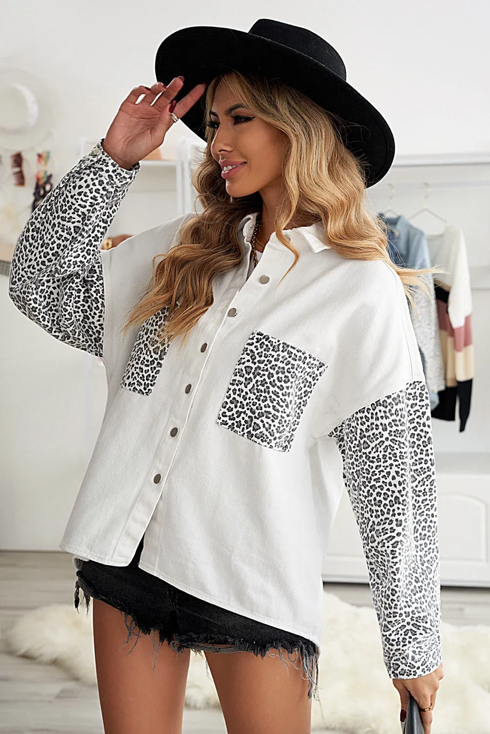 Contrast Leopard Denim Jacket for Women