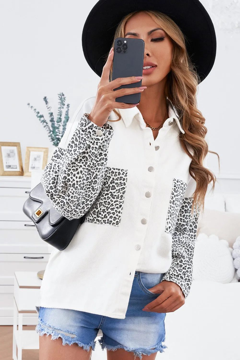 Contrast Leopard Denim Jacket for Women