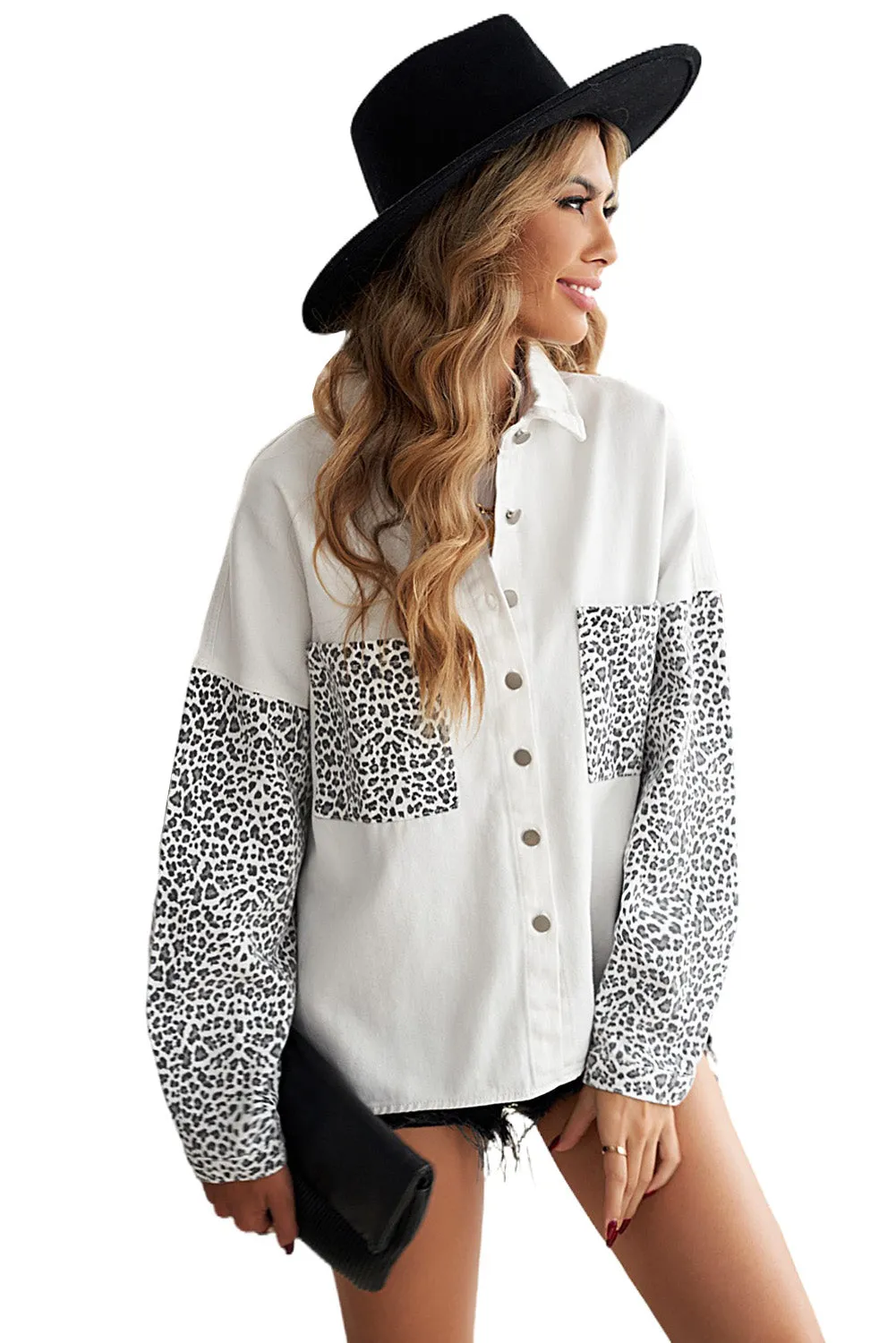 Contrast Leopard Denim Jacket for Women