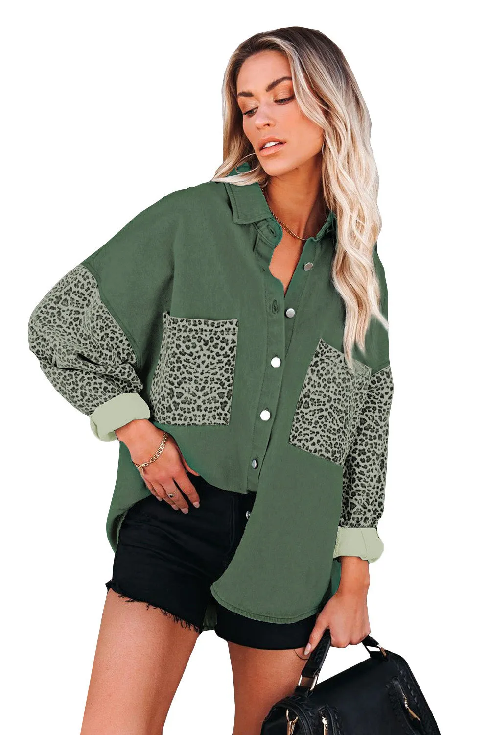 Contrast Leopard Denim Jacket for Women