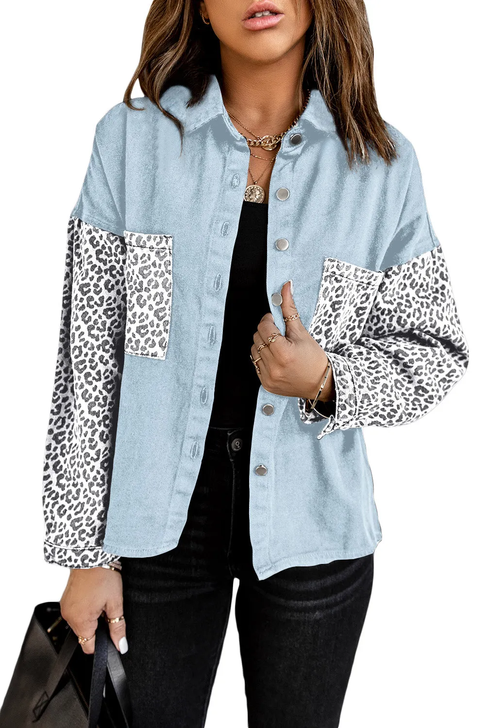 Contrast Leopard Denim Jacket for Women