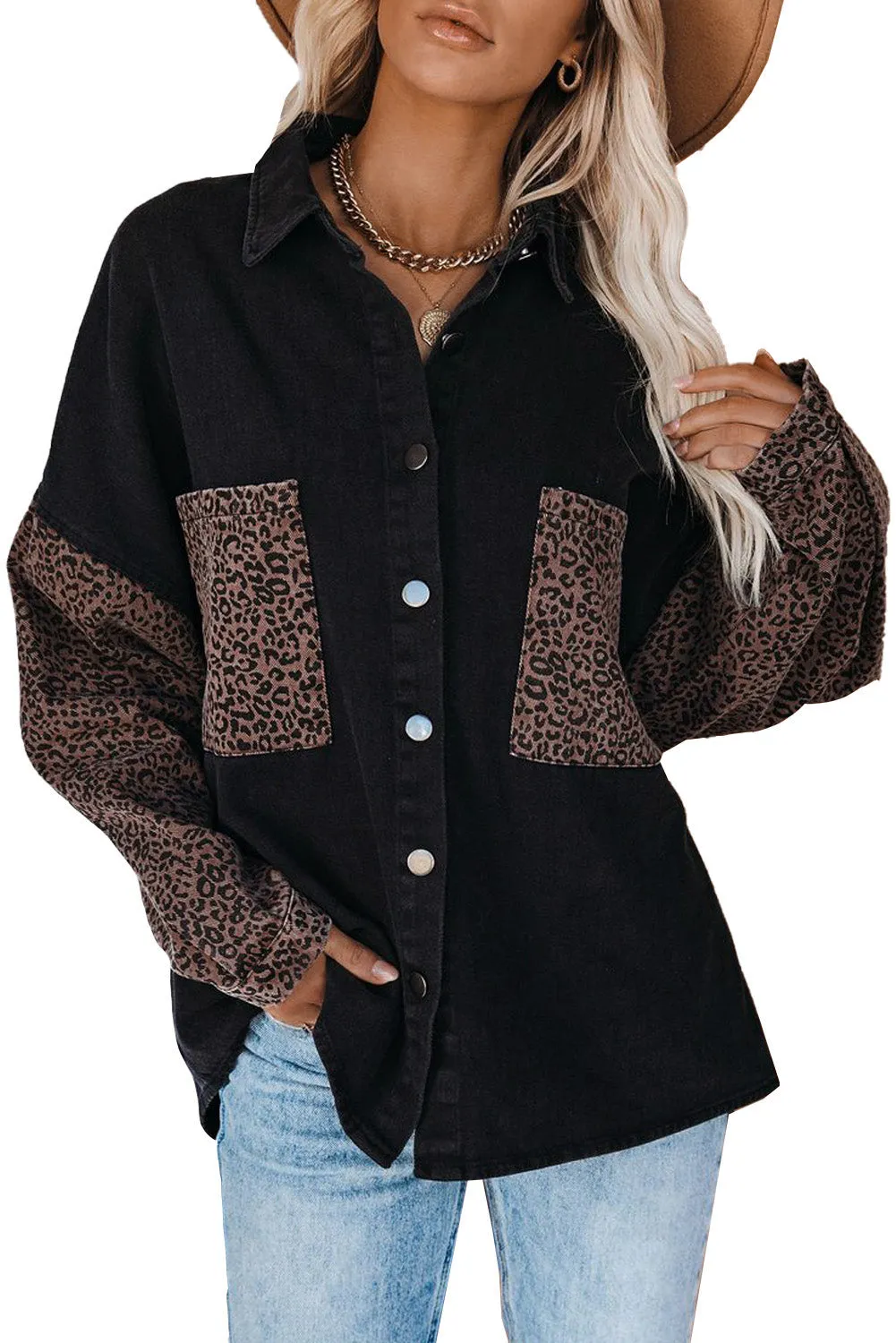 Contrast Leopard Denim Jacket for Women