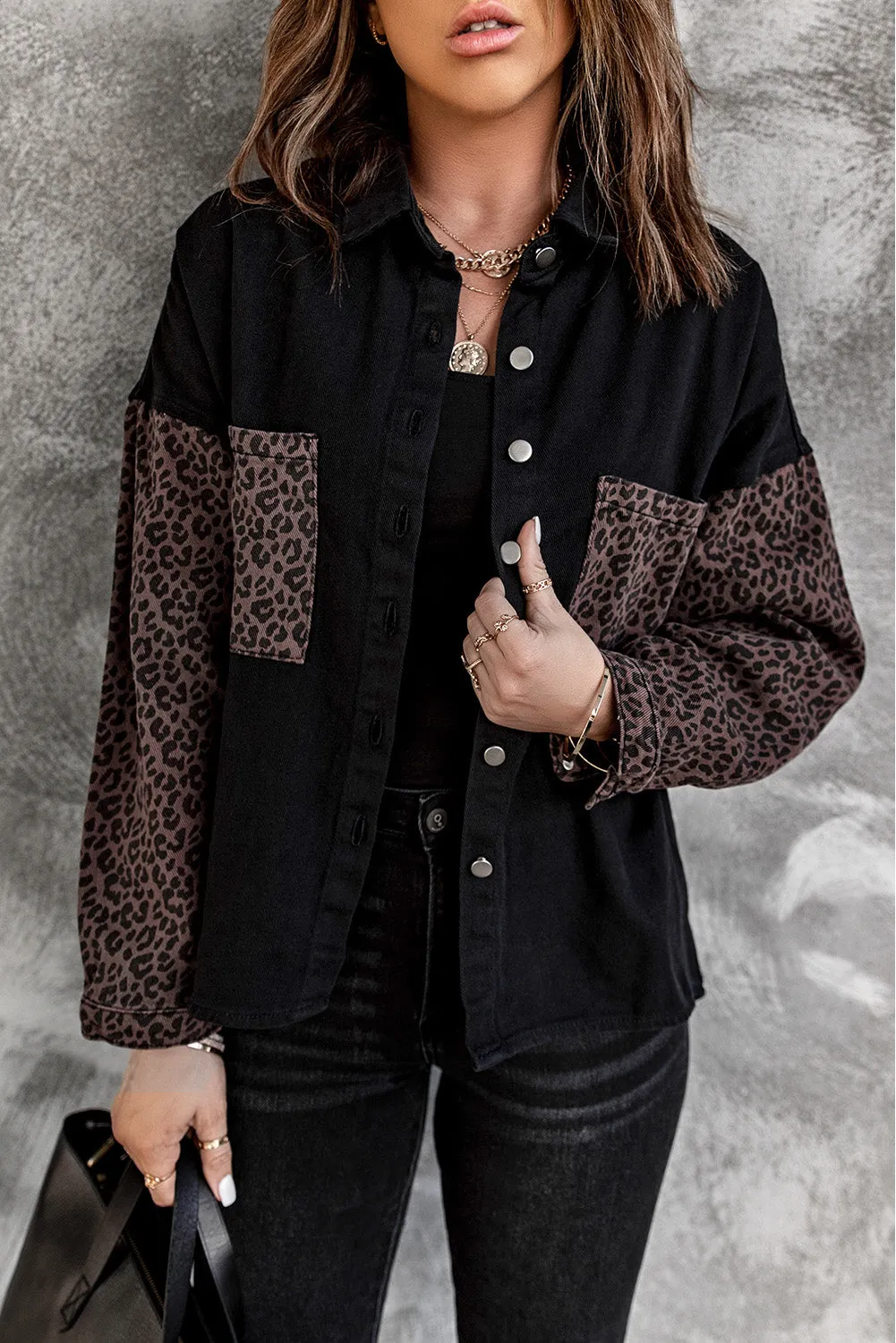 Contrast Leopard Denim Jacket for Women