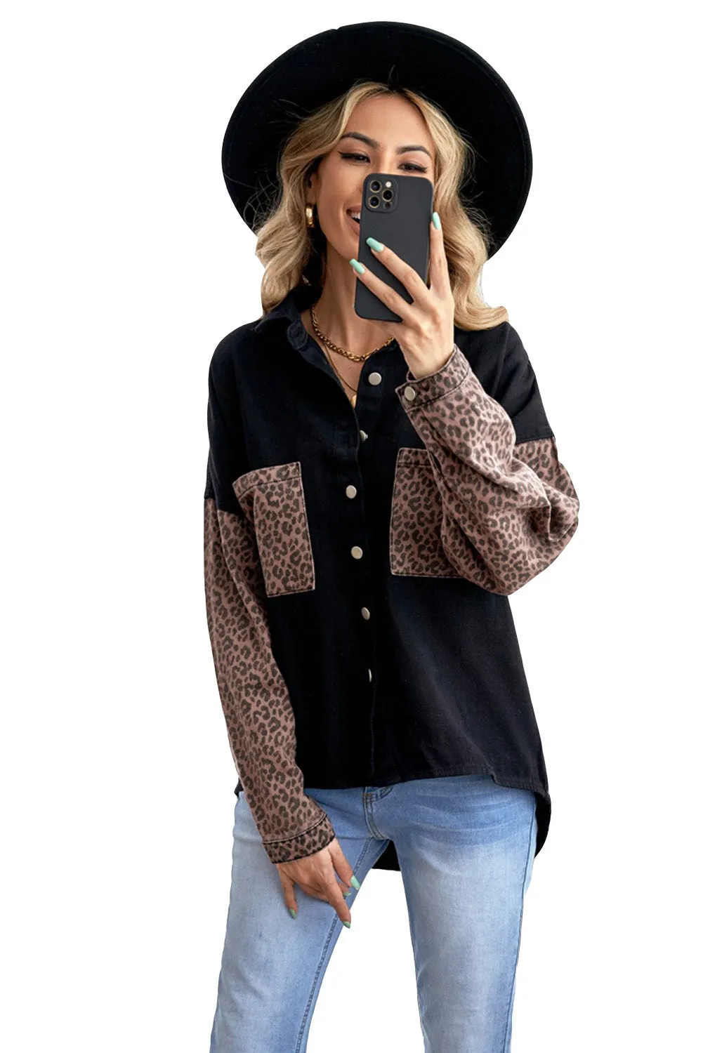 Contrast Leopard Denim Jacket for Women