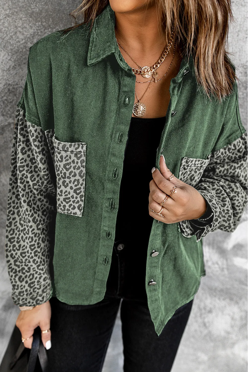 Contrast Leopard Denim Jacket for Women