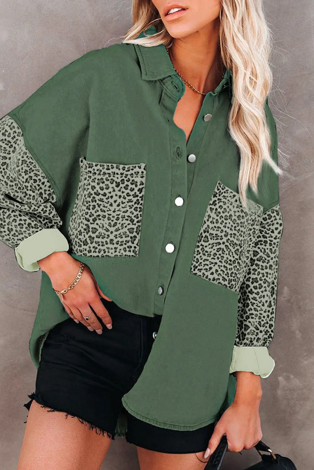 Contrast Leopard Denim Jacket for Women