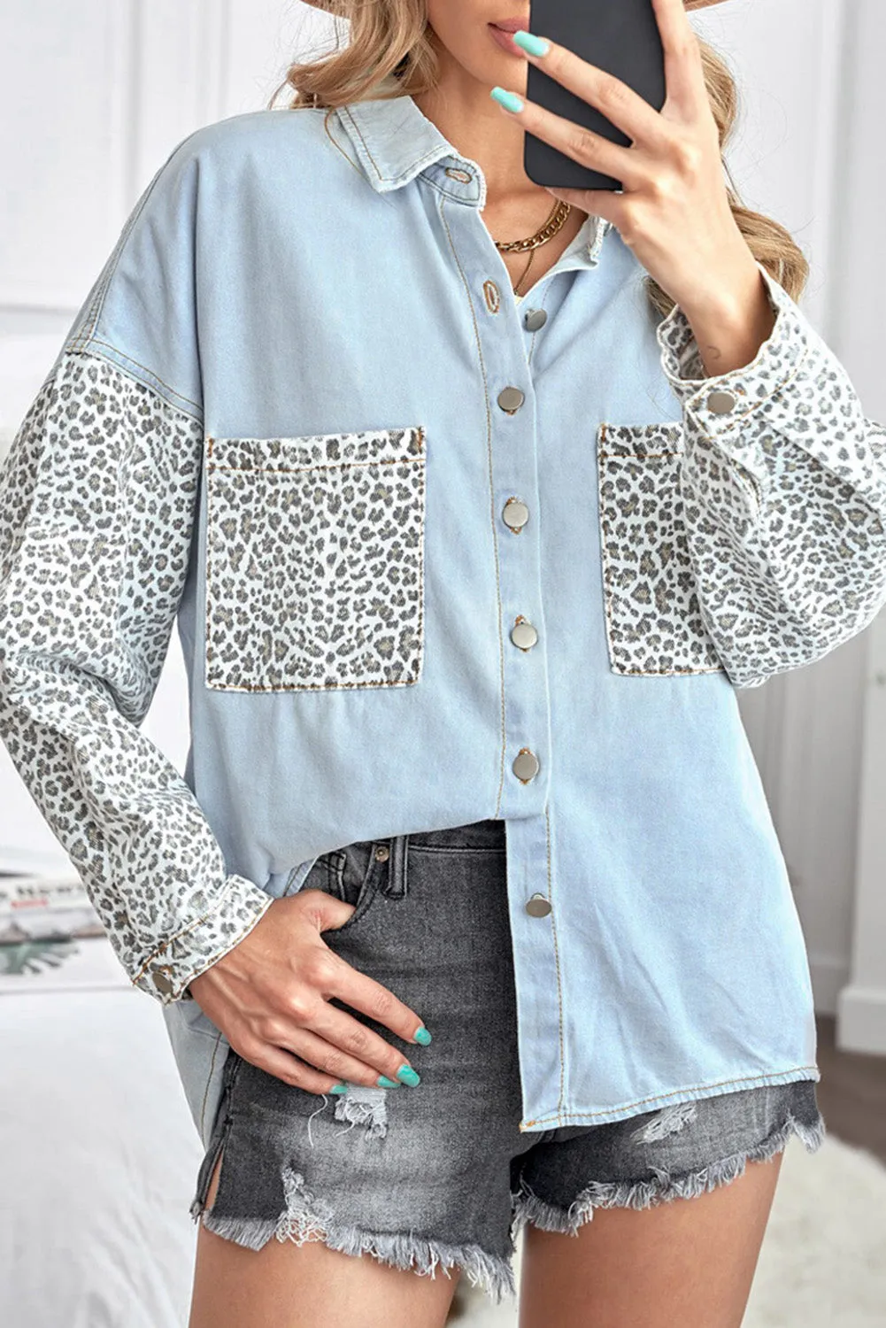 Contrast Leopard Denim Jacket for Women