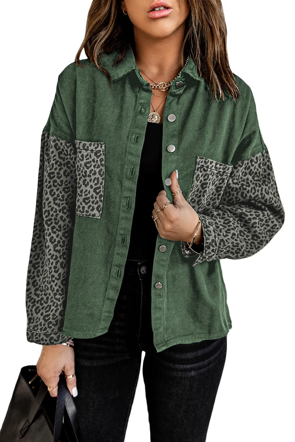 Contrast Leopard Denim Jacket for Women