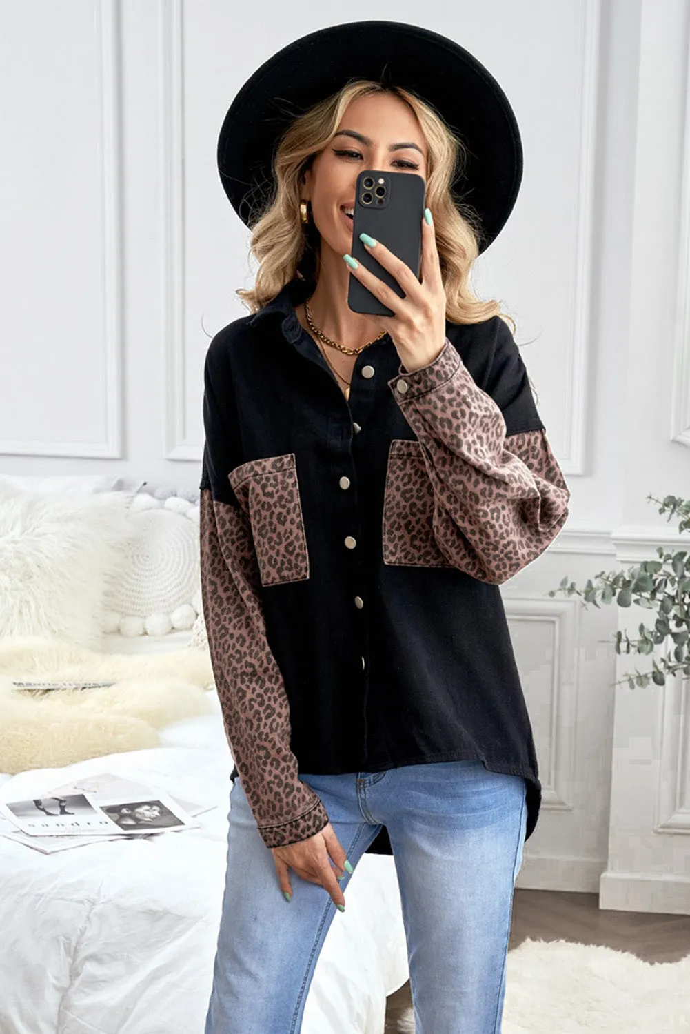 Contrast Leopard Denim Jacket for Women