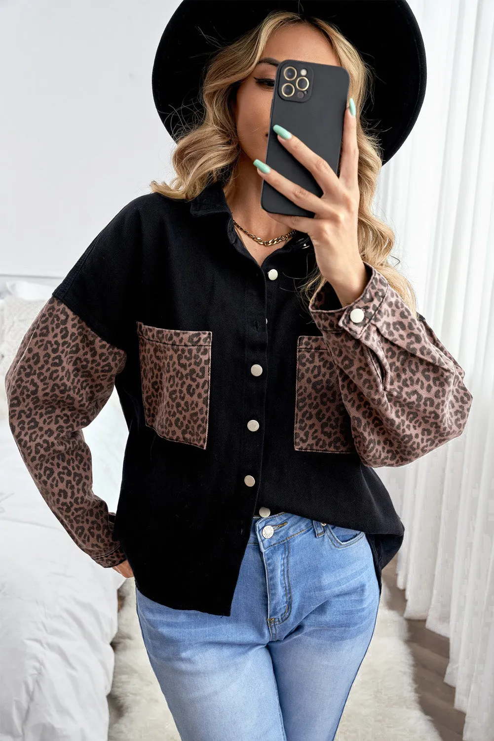 Contrast Leopard Denim Jacket for Women