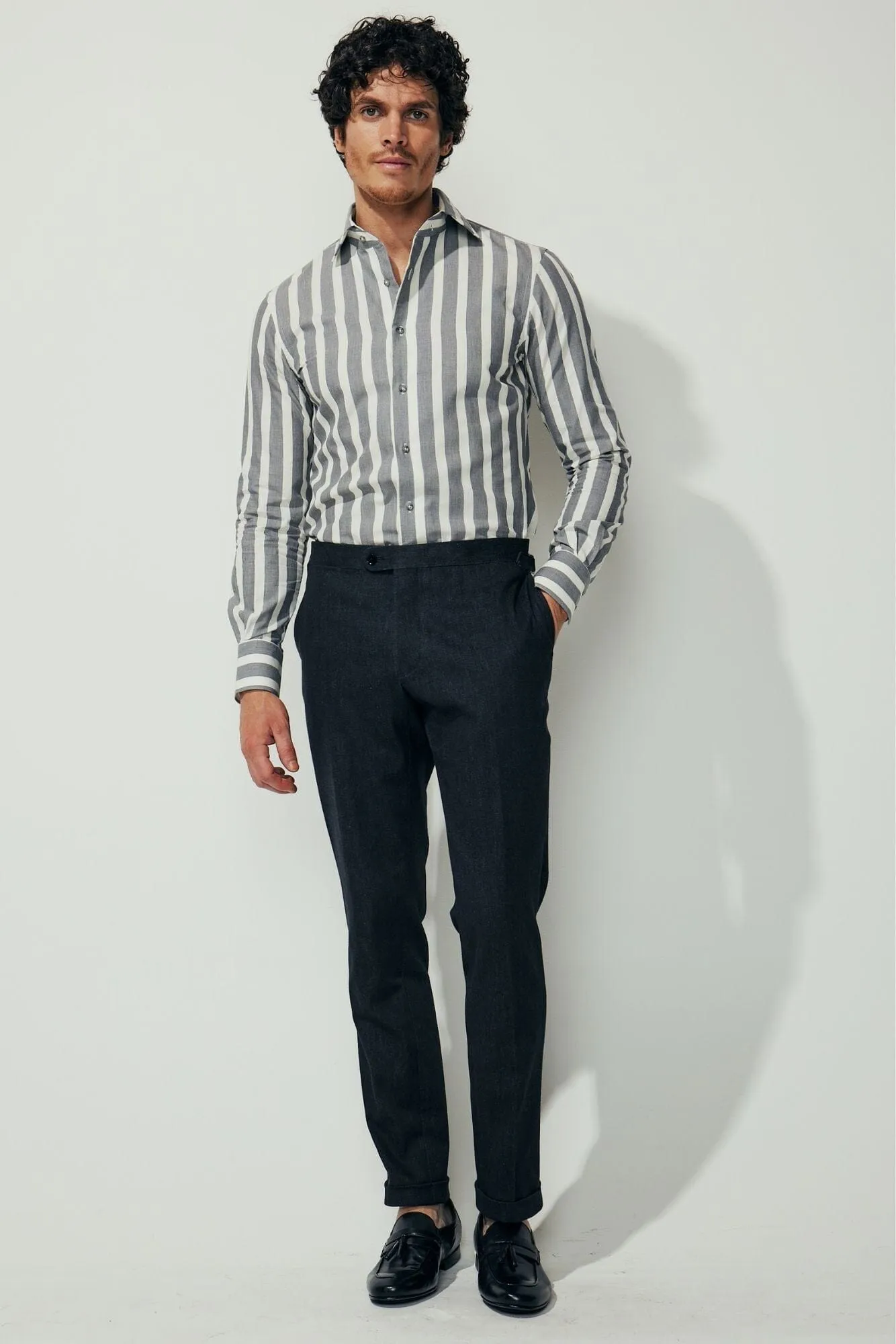 Cooper Super Lux Shirt - Grey and White Wide Stripe