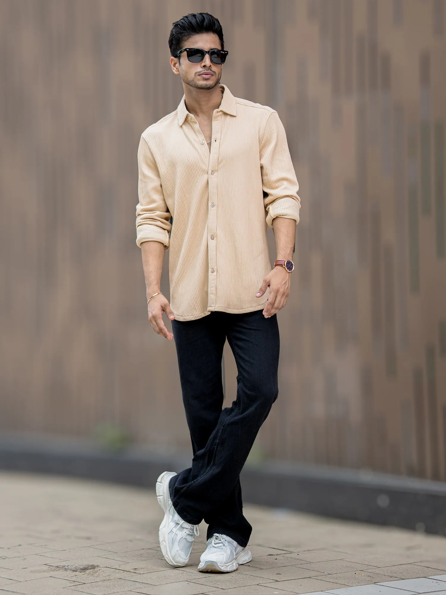 Cord Vertical Textured Beige Shirt