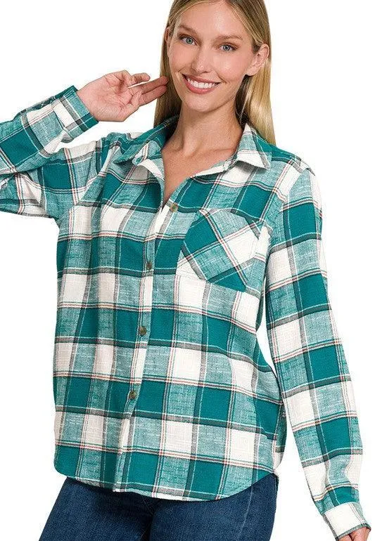 Cotton Plaid Shacket With Front Pocket