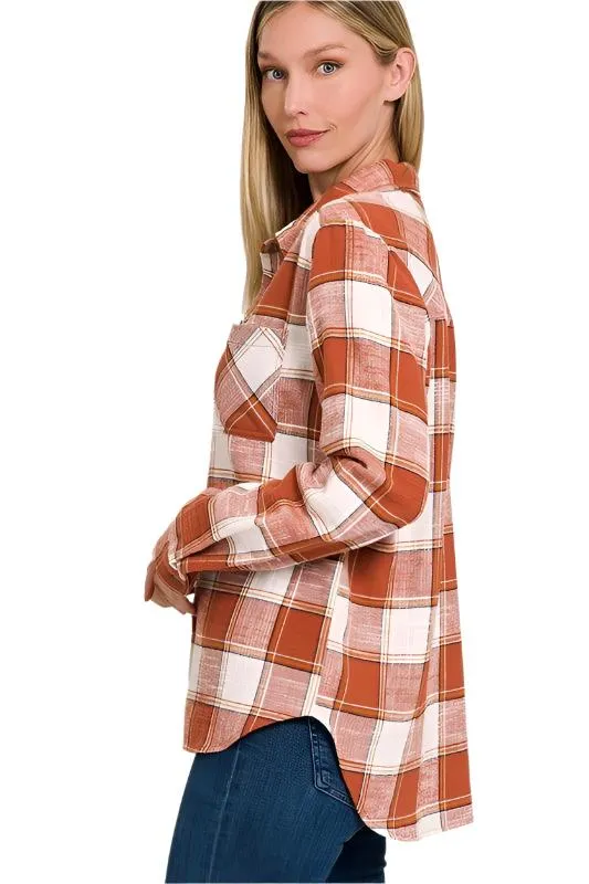 Cotton Plaid Shacket With Front Pocket